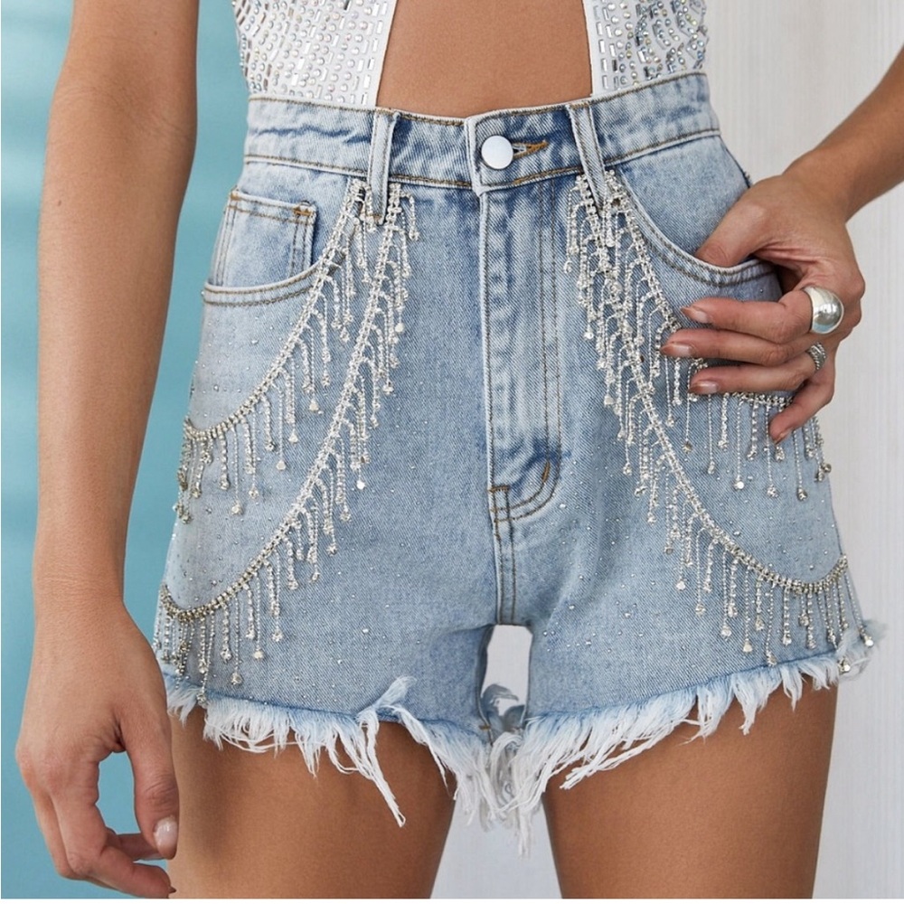 12th Tribe High Waisted Denim Shorts Rhinestone Size Medium